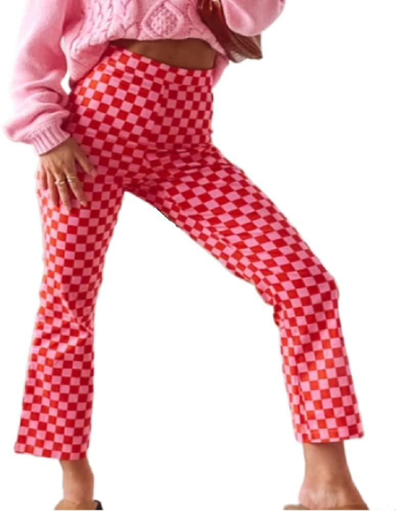 Size L- Women Casual Straight Wide Leg Flare Pants High Waist Baggy Checkerboard Printed Trousers Joggers 90s Streetwear